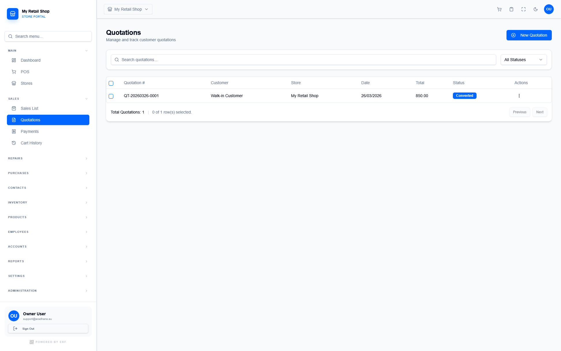 Quotations List interface