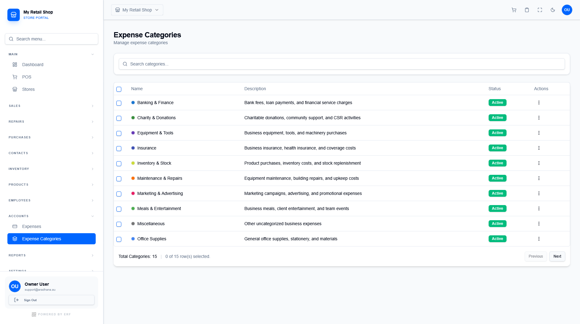 Expense Categories interface