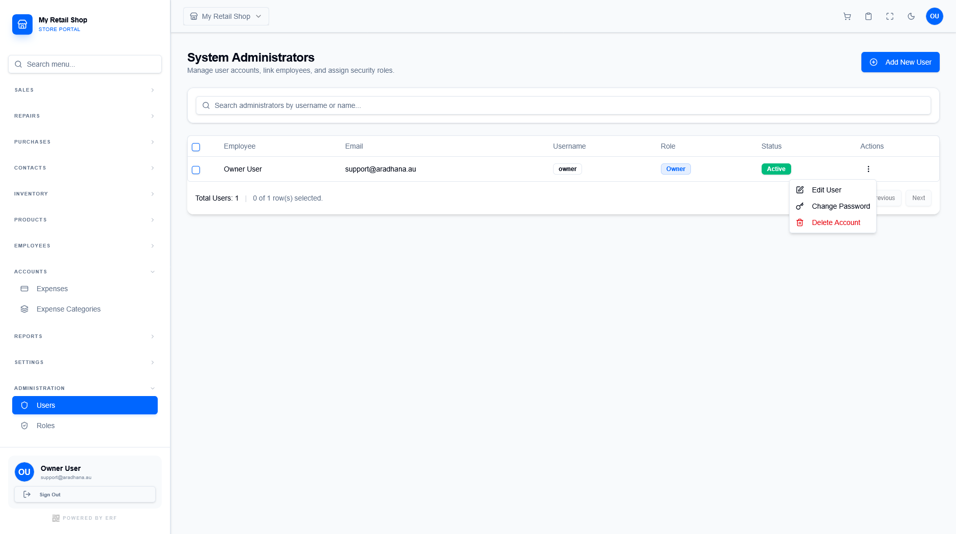 User Action Menu