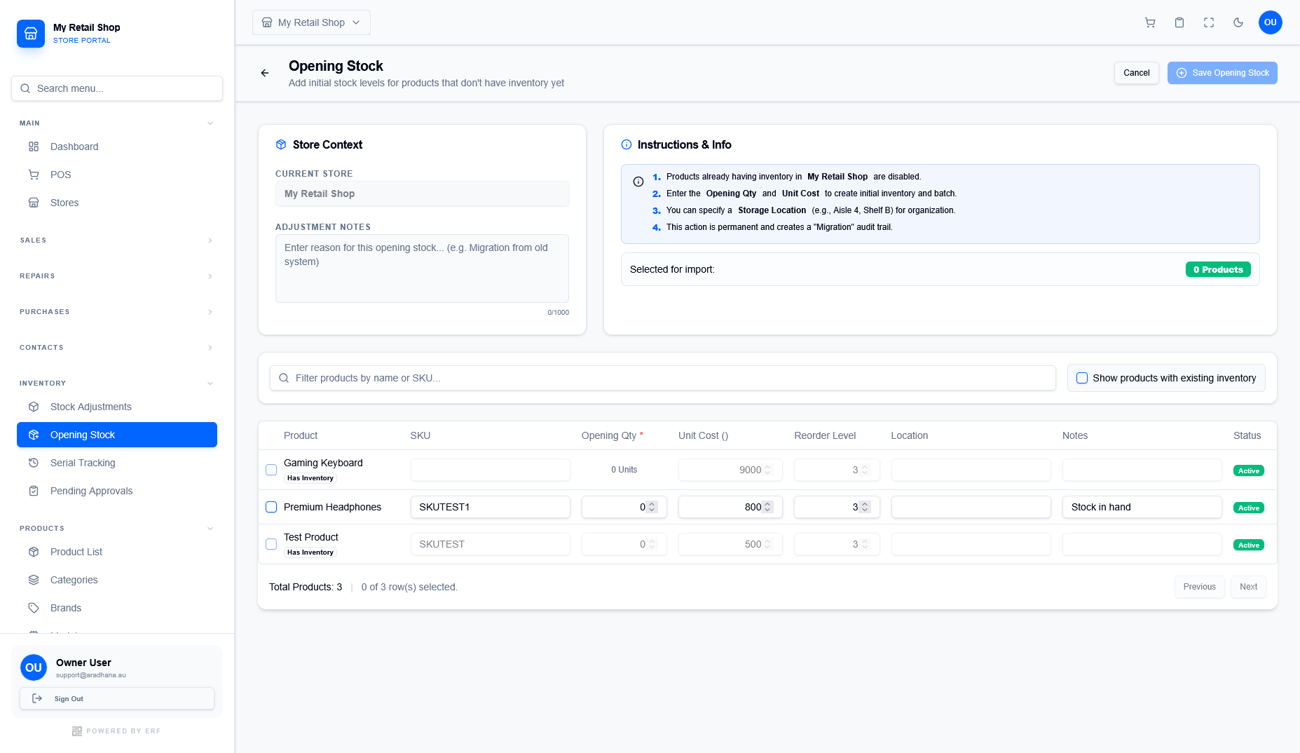 Opening Stock Interface