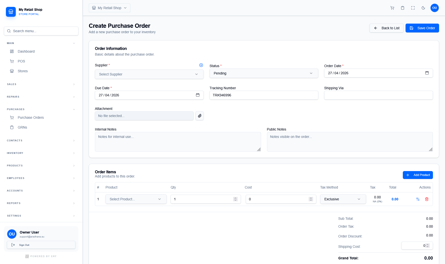 Create Purchase Order Interface