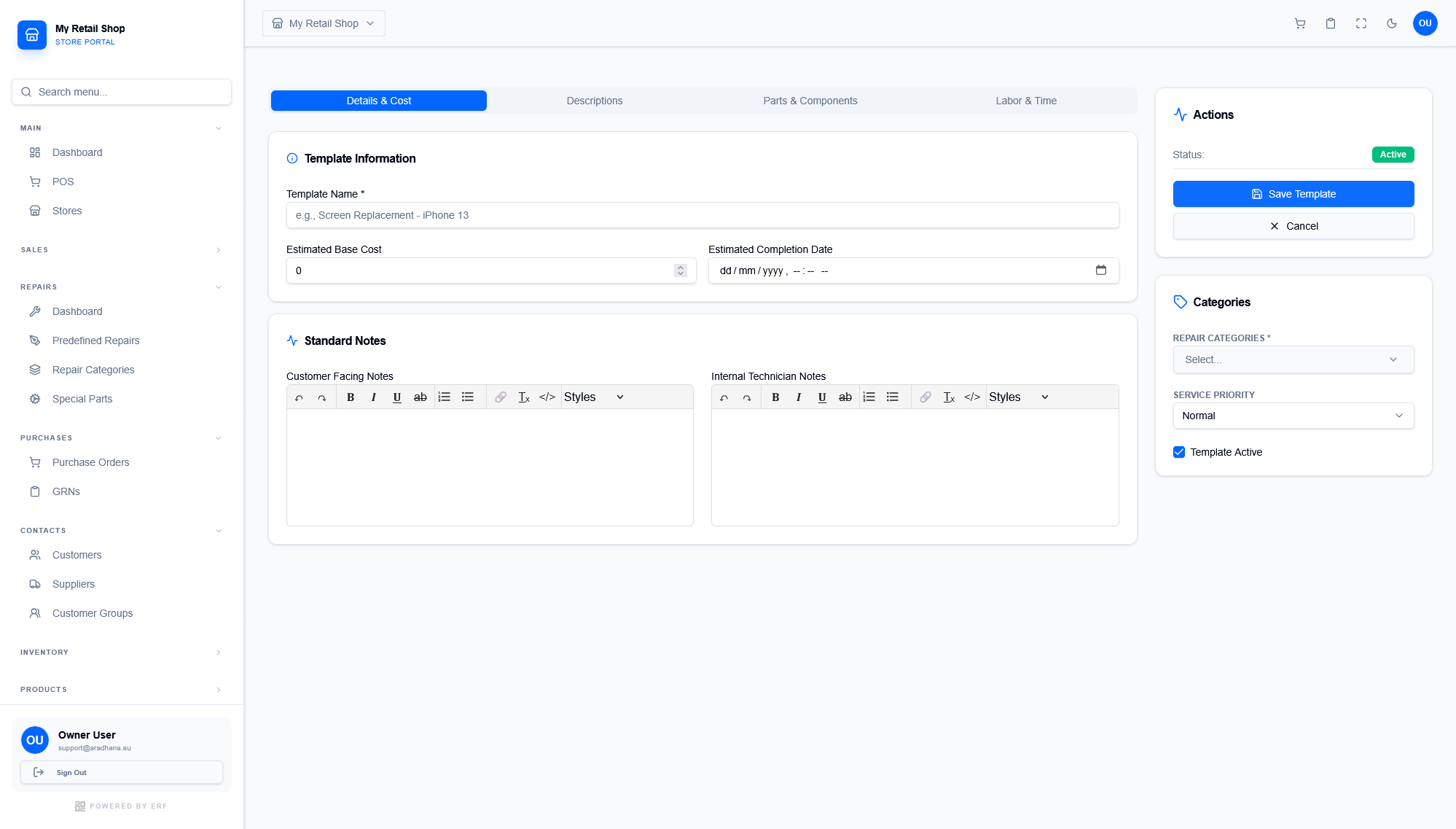 Template Details & Cost Tab