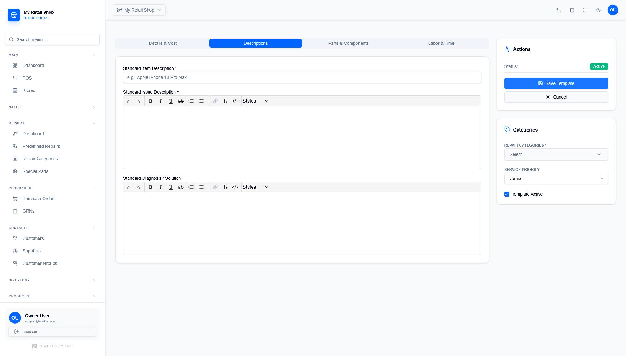 Template Descriptions Tab