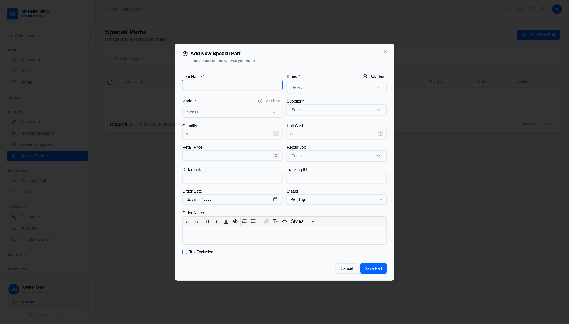 Add New Special Part Modal