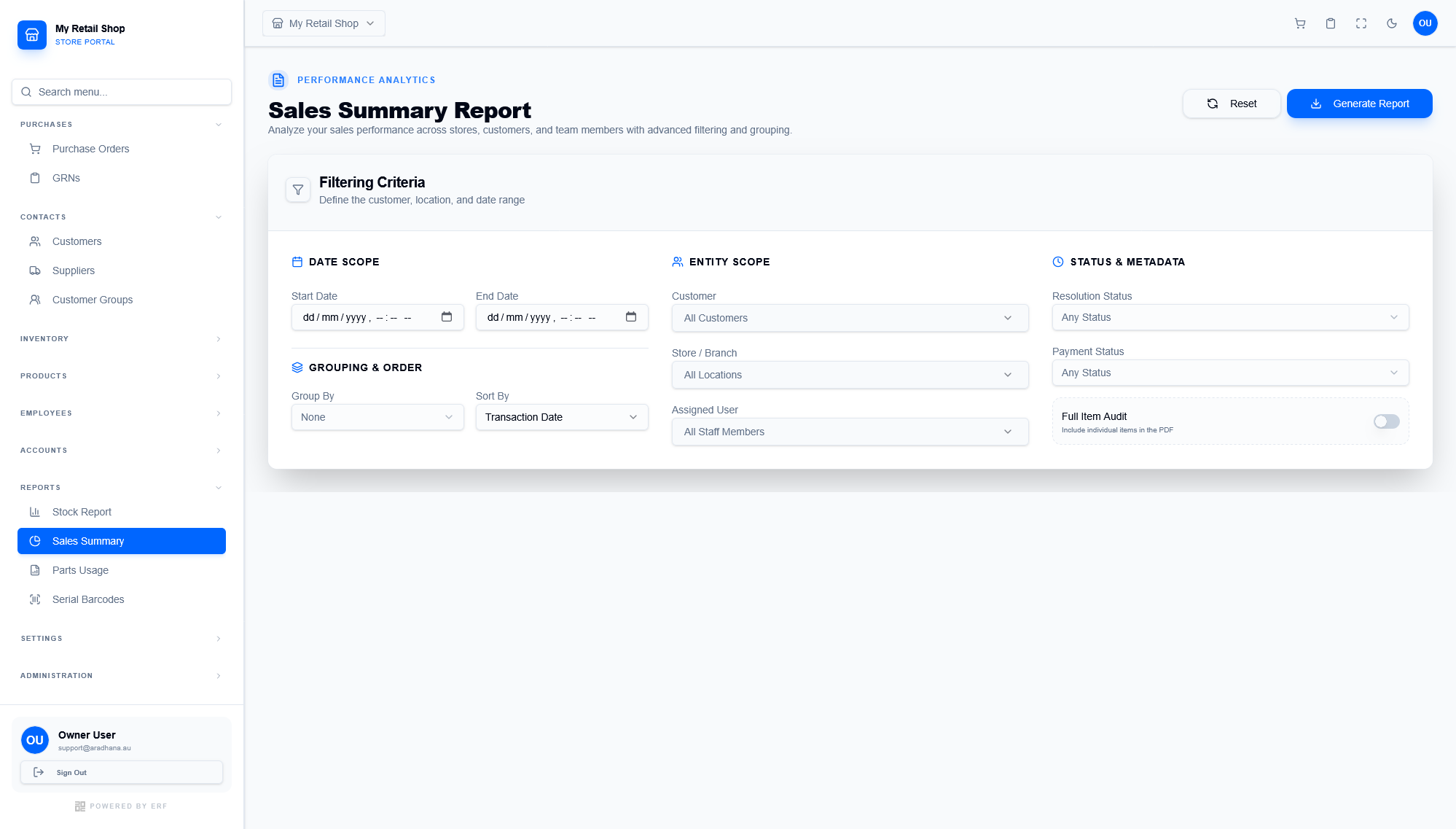 Sales Summary Report Interface