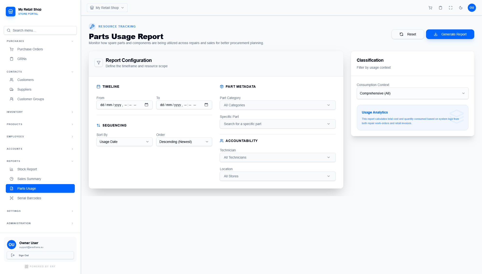 Parts Usage Report Interface