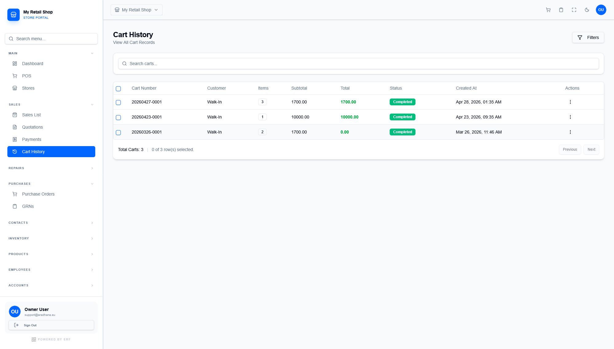 Cart History Directory Interface