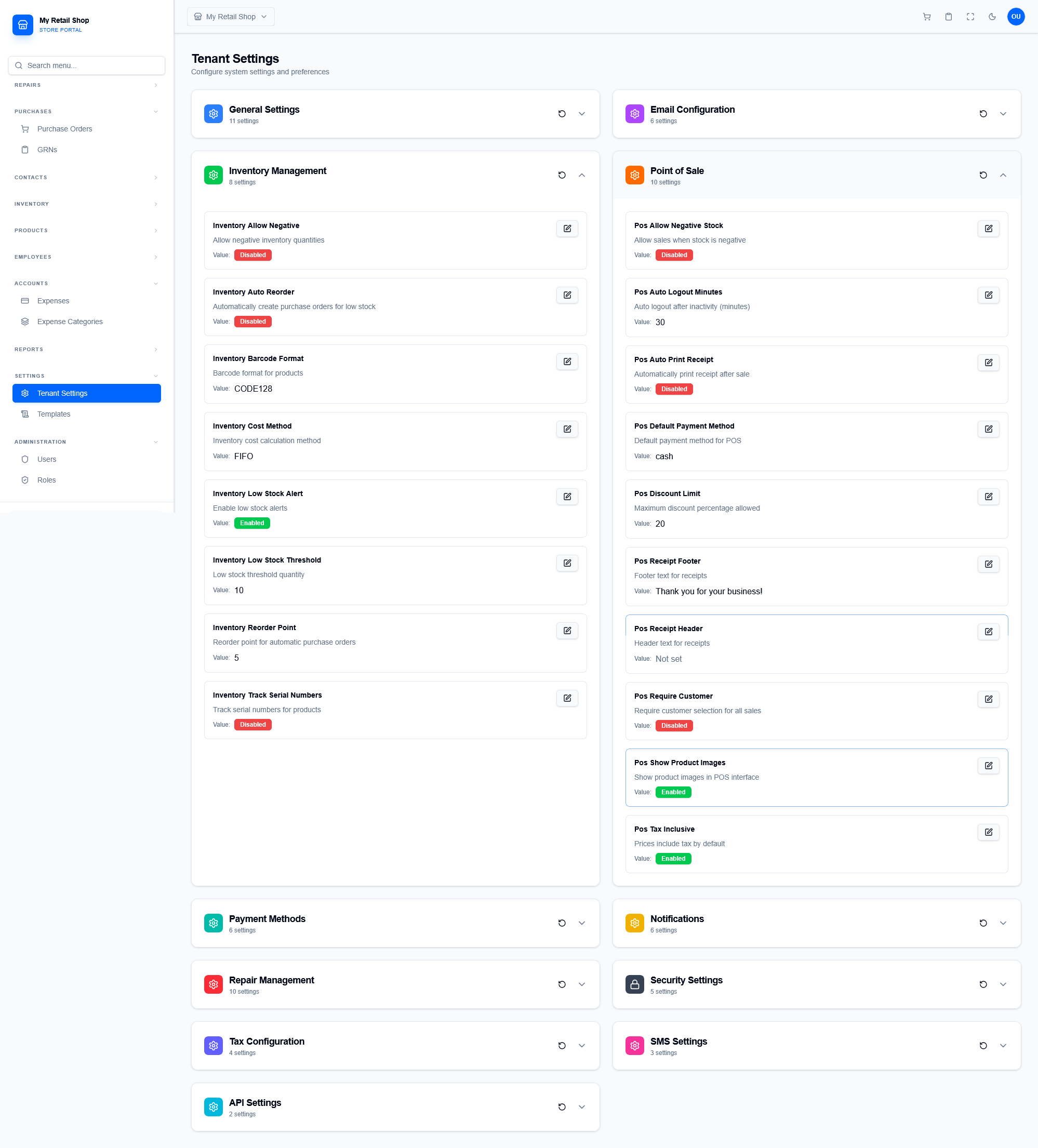 Tenant Settings - Inventory & POS